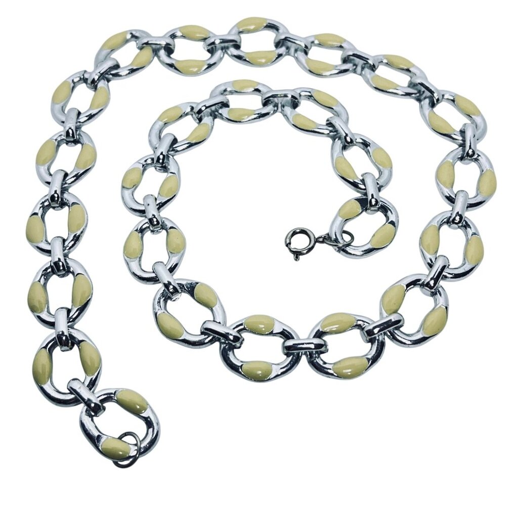 Vintage Silver Tone & Cream Enamel Chain Necklace & Bracelet Set (5664) - Picture 7 of 12